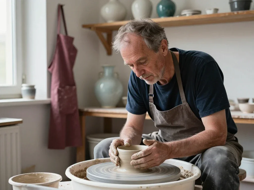 Artisan façonnant patiemment de la céramique, évoquant le temps de la réflexion et du savoir-faire.