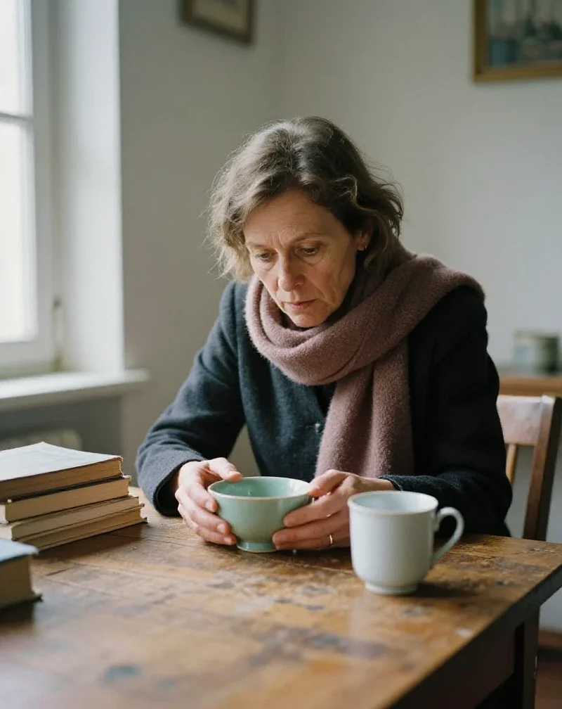 Une femme observe avec curiosité des objets simples, illustrant l'analyse approfondie du quotidien.