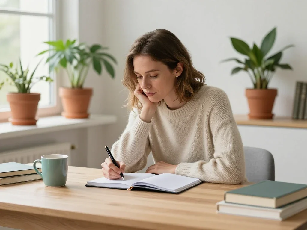 Une rédactrice réfléchissant devant son carnet dans un bureau lumineux aux accents boisés.