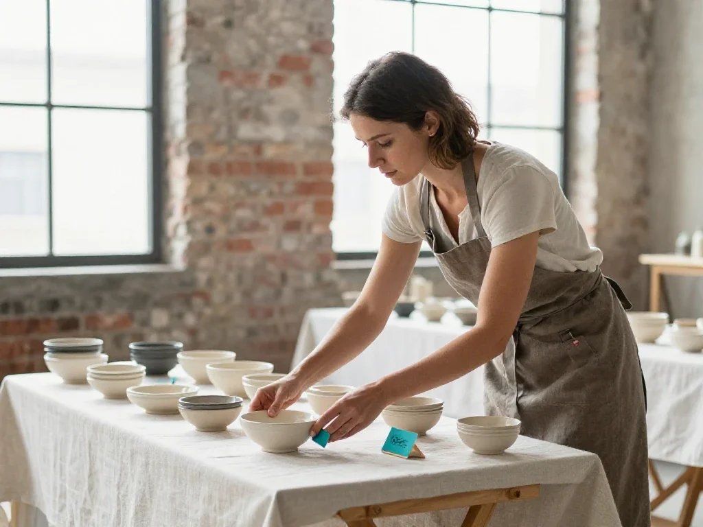 Créatrice française agençant ses céramiques artisanales lors d'un salon, illustrant le soin et la réflexion.